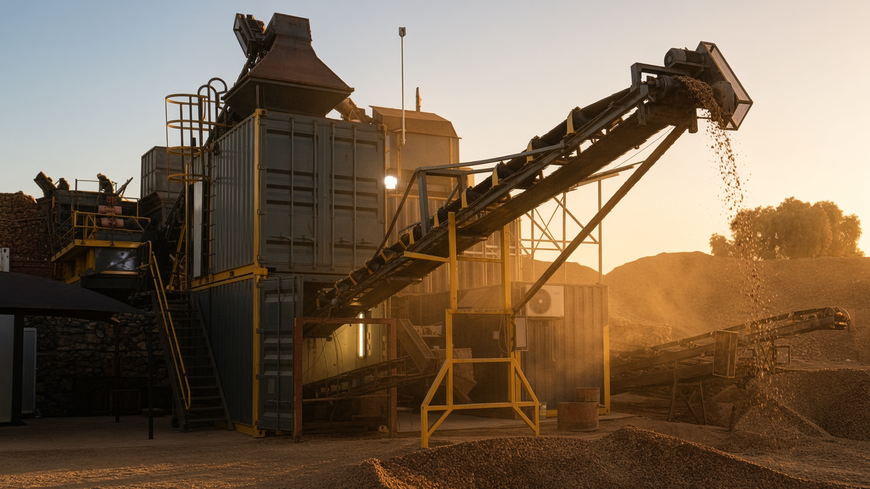 Yellow conveyor feeding grey processing modules on a dusty mine site